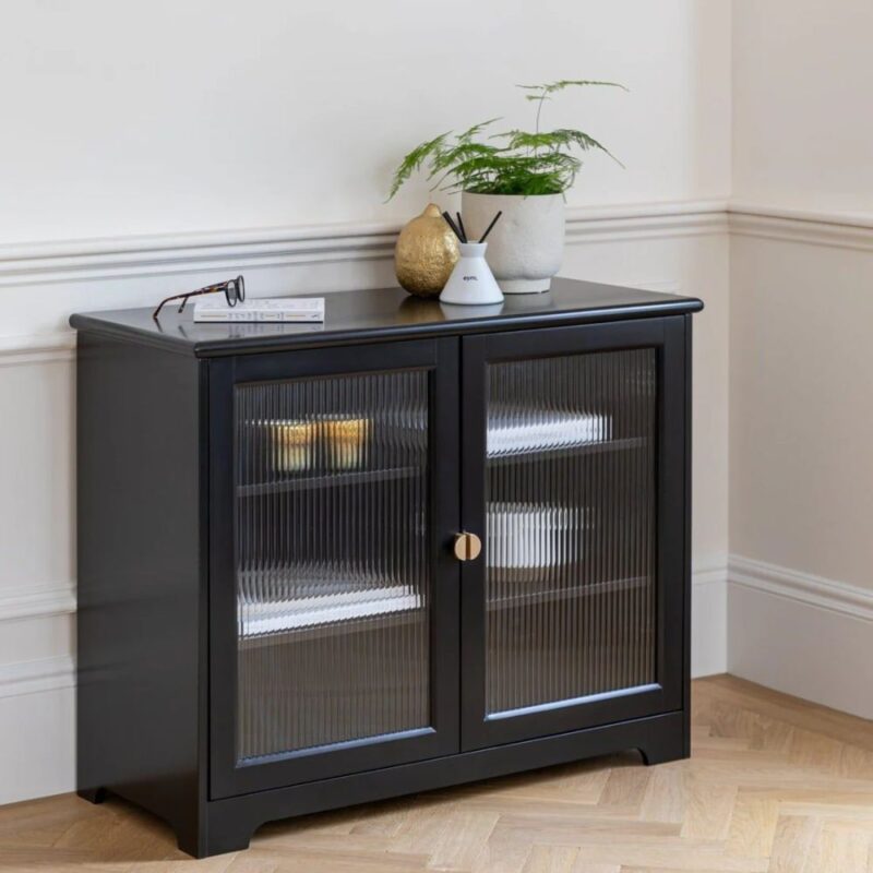 Noir Black 2-Door Sideboard with Fluted Glass in Gurugram home.