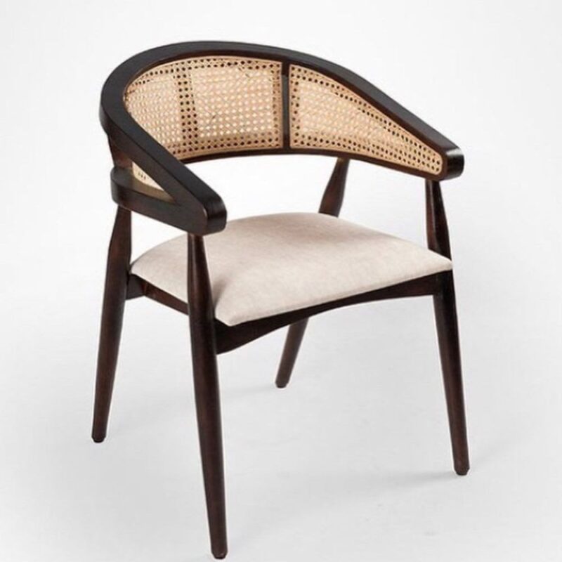Sheesham wood restaurant arm chair with cane back and cushioned seat by Furnhands India