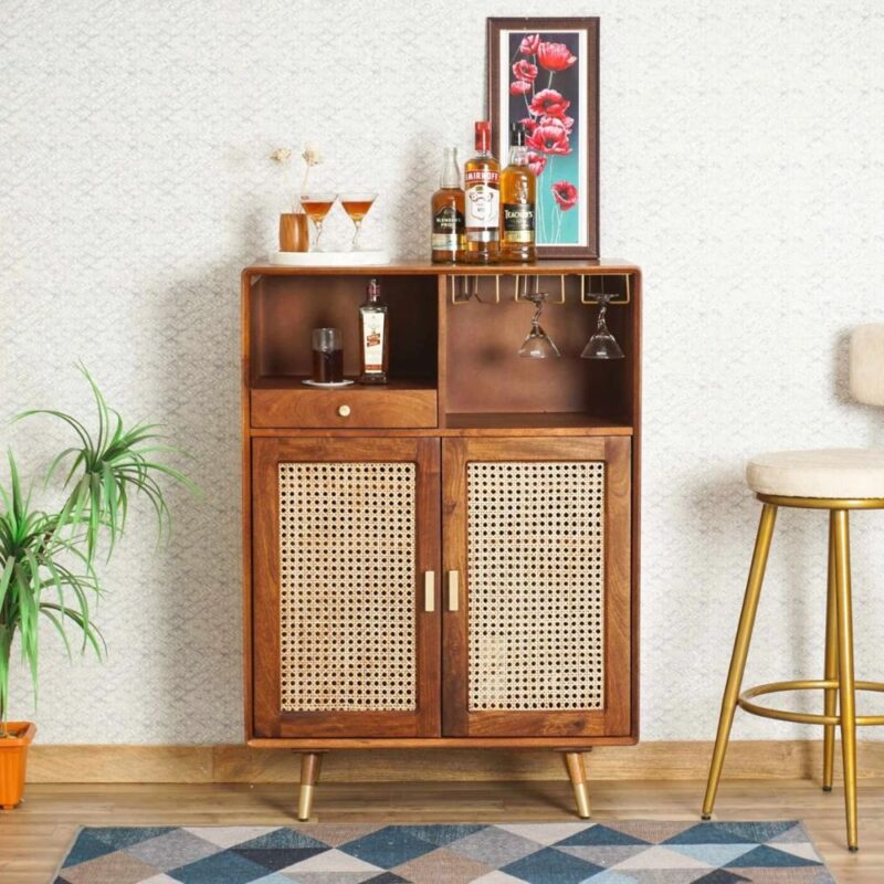 Luxury handcrafted wooden bar cabinet with brown finish