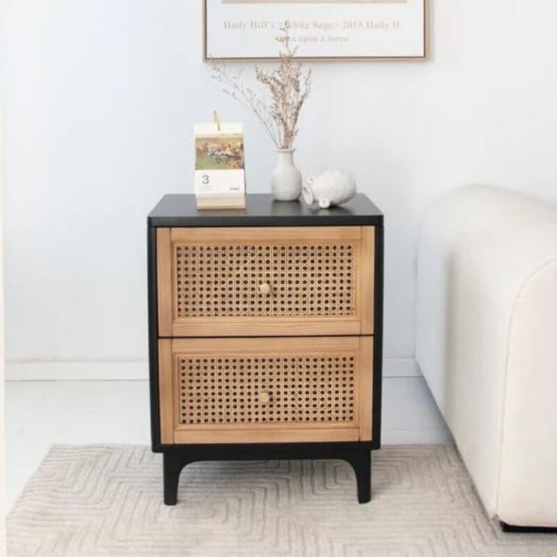 Rattan Cane Bedside Table with 2 Drawers Solid Wood Finish