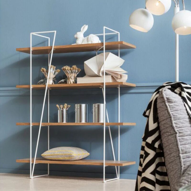 kerala open bookcase wooden shelves iron frame