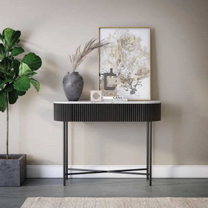 Luxury Solid Wood Console Table with Real White Marble Top in Ahmedabad entryway.