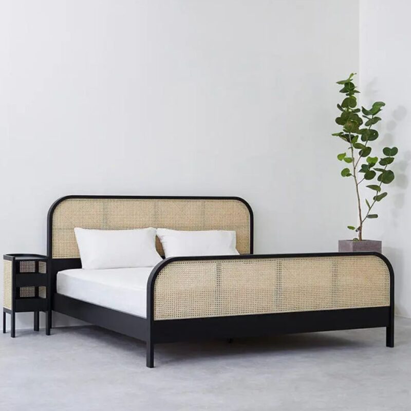 Solid wood rattan cane king size bed without storage