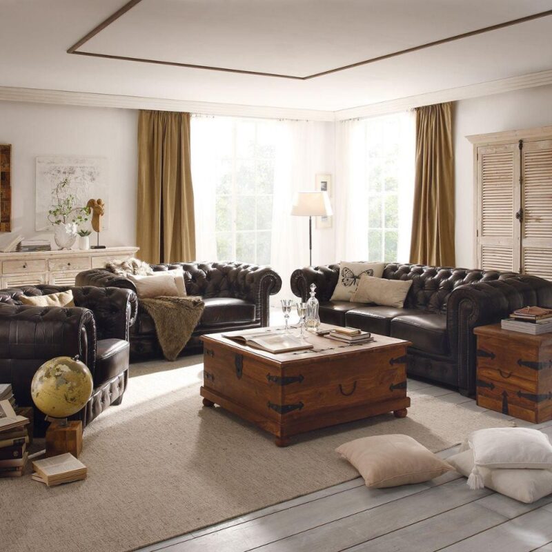 Genuine leather industrial sofa with reclaimed wood frame