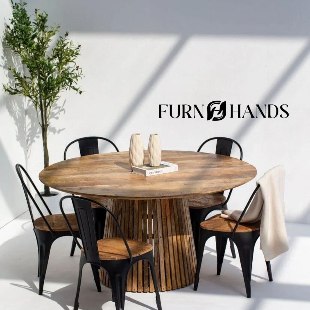 luxury-round-wooden-dining-table-furnhands.jpg Luxury Round Wooden Dining Table with Handcrafted Cane Base – Furnhands