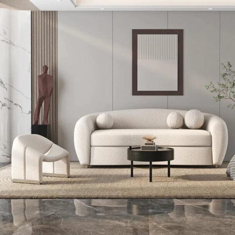 Modern Pune White Teddy Velvet 3-Seater Curved Sofa in minimalist living room