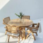 Solid Wood Round Dining Table with Rattan Cross Legs – Handcrafted by Furnhands India