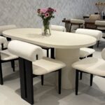 Oval 6 Seater Dining Table & Bouclé Fabric Chairs – Elegant Modern Dining Furniture by Furnhands India