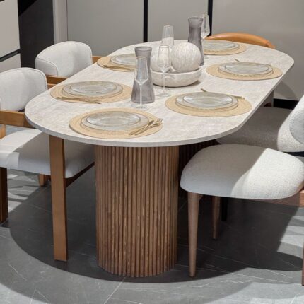 Premium travertine and solid wood dining table